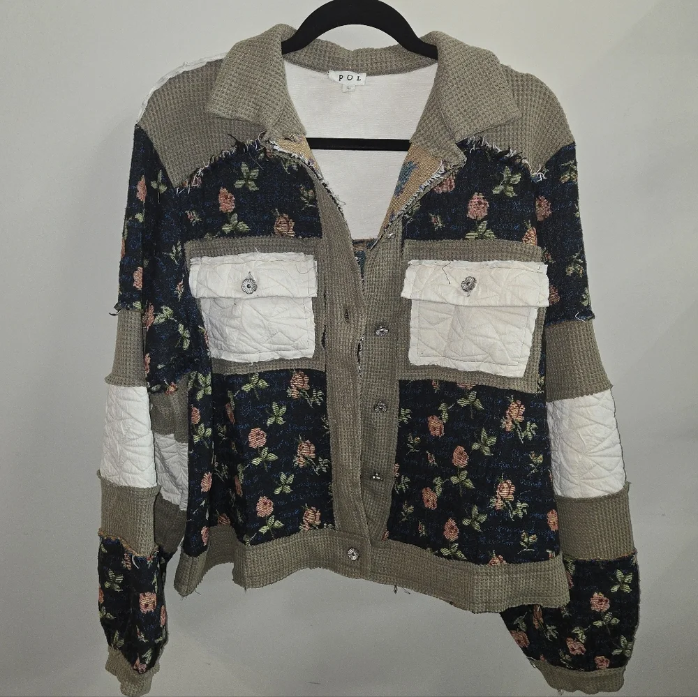 POL Floral Patchwork Utility Jacket - Navy and Tan POL Floral Corduroy Boho - Picture 2 of 6